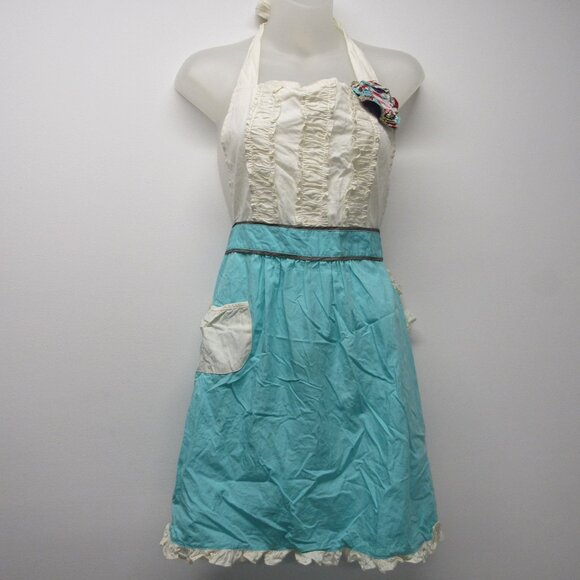 Anthropologie Tea & Crumpets Turquoise White Hostess Halter Apron Ruched - Picture 1 of 4